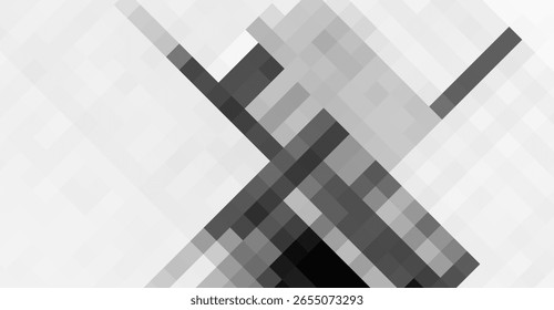 Apresentando um arranjo geométrico abstrato em tons monocromáticos de cinza, o design oferece um visual texturizado em pixels, com formas intersecionais em um fundo branco brilhante.