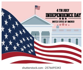 Featuring the American flag, White House, and 4th of July Independence Day theme. Highlights patriotic celebrations in the United States with a modern yet traditional design. 