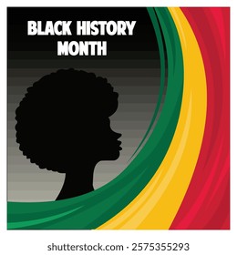 Featuring a black woman silhouette framed by red, yellow, and green swirls, honoring Black History Month as a symbol of tradition and empowerment. Flat vector modern illustration 