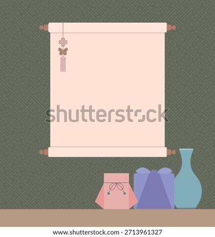 Featuring a blank scroll with a norigae (traditional knot decoration), a bojagi-wrapped gift, and a vase. Ideal as a framed background for Seollal greetings and traditional Korean ceremonies.