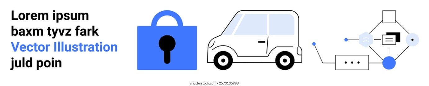 Featuring a blue lock, a white car, and an electric charging connector, this design emphasizes vehicle security, electric vehicles, technology integration, and sustainable transportation. Ideal