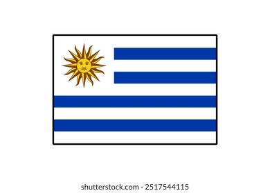 Com listras azuis e brancas com o emblema do sol, esta ilustração representa a bandeira nacional do Uruguai, simbolizando a identidade e o orgulho do país.