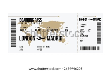 Featuring a boarding pass with passenger Tarek and flight AV 1A9, traveling from London to Madrid. It has boarding time 0700 and 01 JAN 2025.