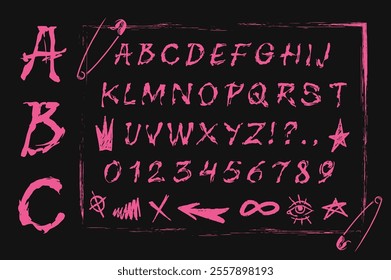 Featuring bold pink letters on a dark background unique symbols enhance this artistic representation of the alphabet and numbers showcasing creativity and visual appeal.