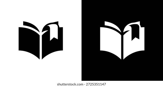 Con un icono de libro con las páginas abiertas y un marcador de cinta. Se ofrece en estilo blanco y negro con un fondo limpio y transparente.