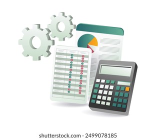 featuring a calculator, sheets of paper, and a calculator with visible gears, symbolizing calculation and mechanics