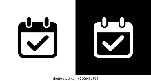 Con un icono de calendario con una marca de verificación en ambos fondos en blanco y negro, adecuado para su uso en una variedad de proyectos de diseño.