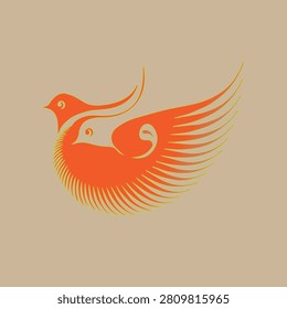 Featuring a calligraphy-style artwork that combines two abstract bird shapes in a single orange-cream silhouette. The upper bird faces left with white spiral eyes and curved tail feathers, while the lower bird forms a body with thinly striped wings and a curved tail that provides a fibrous texture.