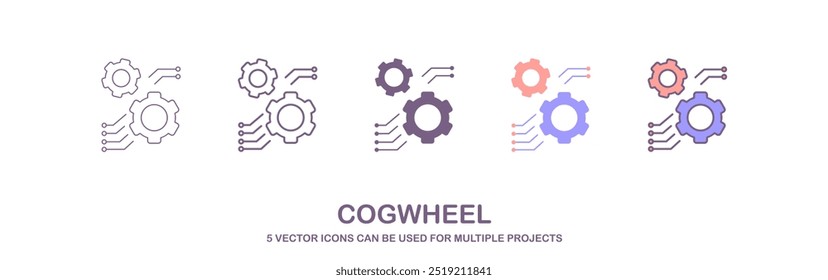 con ruedas dentadas combinadas con diferentes estilos, Gear set simple icon, un conjunto de iconos con 5 estilos diferentes
