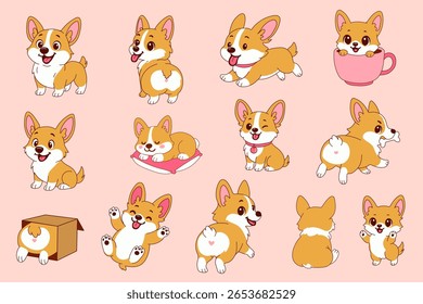 Apresentando uma coleção de bonitos filhotes corgi em poses divertidas e expressões encantadoras, projetado em um estilo divertido e encantador de desenho animado