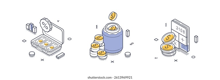 Featuring a collection of isometric line icons, this design illustrates various aspects of business investment. Vector illustration