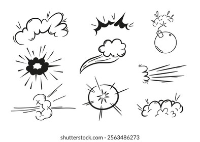 Featuring, comic-style motion effects, including explosive booms vector illustration, dynamic speed lines, and action bursts. Hand drawn doodle style elements ideal for enhancing cartoon