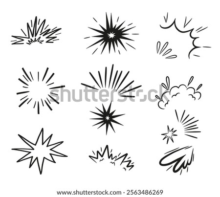 Featuring, comic-style motion effects, including explosive booms vector illustration, dynamic speed lines, and action bursts. Hand drawn doodle style elements ideal for enhancing cartoon