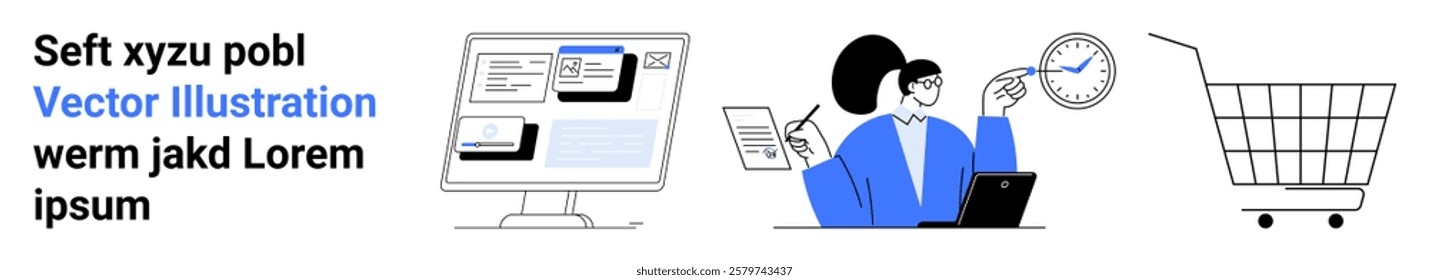 Featuring a computer screen with a document, a woman managing tasks and a shopping cart. Ideal for business, e-commerce, productivity, time management, digital solutions. Banner for landing page