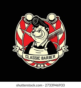 Com um urso confiante com um penteado pompadour e avental vintage, este emblema combina ferramentas de barbeiro clássicas com detalhes arrojados de redemoinho vermelho — ideal para marcas de higiene tradicionais ou vestuário nostálgico.