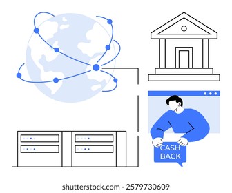 Featuring a connected globe, bank building, servers, and a person receiving cashback. Ideal for online banking, financial transactions, global network, information technology, and digital payment