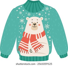 Featuring a cozy green Christmas sweater adorned with an adorable polar bear wearing a vibrant red scarf and playful snowflakes, perfect for celebrating winter holidays and festive gatherings