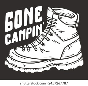 Featuring detailed line art of a sturdy hiking boot, emphasizing the joys of camping and mountain treks in the wild.