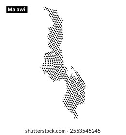 Featuring a dotted representation of Malawi, this map outlines its geographical boundaries and lake features.