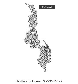 Featuring a dotted representation of Malawi, this map outlines its geographical boundaries and lake features.