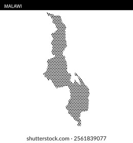 Featuring a dotted representation of Malawi, this map outlines its geographical boundaries and lake features.