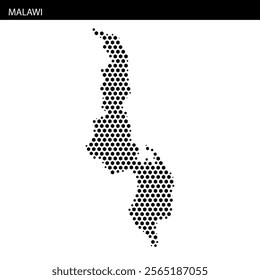 Featuring a dotted representation of Malawi, this map outlines its geographical boundaries and lake features.