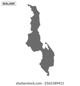 Featuring a dotted representation of Malawi, this map outlines its geographical boundaries and lake features.