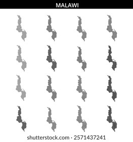 Featuring a dotted representation of Malawi, this map outlines its geographical boundaries and lake features.