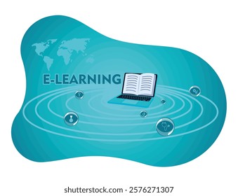 Featuring an e-learning concept with laptops, books and various educational symbols, on a light blue gradient background, symbolizing modern online education and knowledge sharing.  
