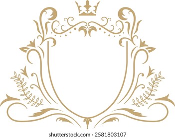 Featuring an elegant golden floral heraldic crest adorned with a crown, framing an empty space and creating a sophisticated, regal design perfect for vintage invitations or branding