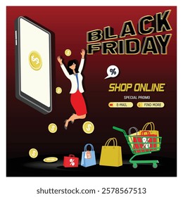 Featuring energetic women, shopping scenes and promotional offers for Black Friday, emphasizing online discounts and e-commerce opportunities. Flat vector modern illustration 