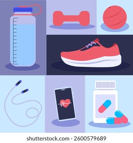 Featuring fitness accessories and supplements for a healthy lifestyle, including a water bottle, dumbbell, medicine ball, running shoes, jump rope, and smartphone with a heart rate app