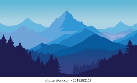 Featuring fog-covered mountains and lush trees, creating a serene and mystical landscape flat vector illustration