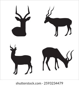 
featuring four black silhouettes of different antelopes, each antelope is depicted in a different position and angle.