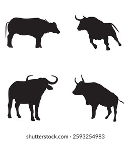 featuring four black silhouettes of different buffalo or bulls, each animal depicted in a different position and style, showing various activities and postures.