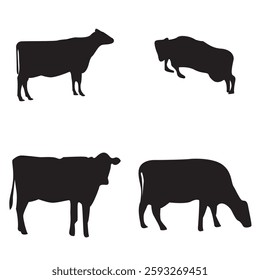 featuring four black silhouettes of different cows or oxen, each depicted in a different position and style, showing various activities and postures.