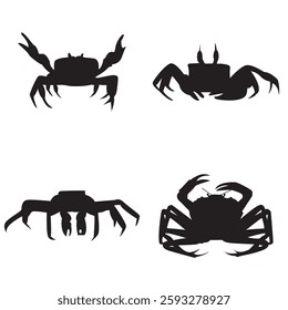 
featuring four black silhouettes of different crabs. Each crab is depicted in a different position and style, showing various activities and postures.