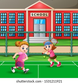 Featuring girls playing tennis at school court