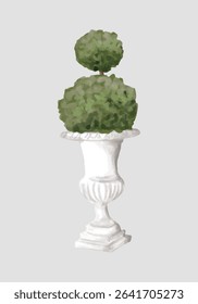 Featuring a hand-painted green topiary in a classic white pedestal urn, this garden-inspired element brings a touch of timeless sophistication and charm to your designs.