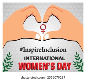 Featuring hands in a heart shape with the female symbol, celebrating International Women Day and promoting inclusion and empowerment. Flat vector modern illustration  