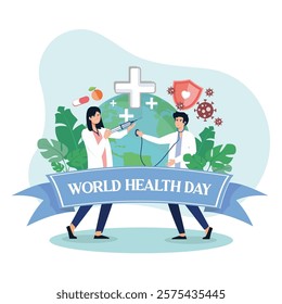 Featuring healthcare workers, medical equipment, and a globe symbolizing World Health Day concepts of care, global health, and wellness.