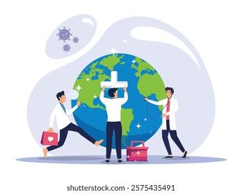 Featuring healthcare workers, medical equipment, and a globe symbolizing World Health Day concepts of care, global health, and wellness.