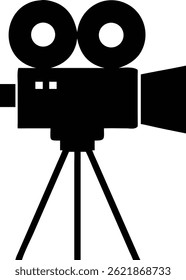 Featuring a high contrast silhouette, this image shows a traditional film camera mounted on a tripod, evokes filmmaking and visual storytelling history, isolated against a white backdrop.