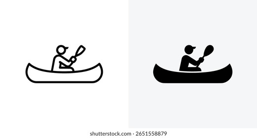 Apresentando ícones, canoagem homem paddles dentro de um simples desenho de linha e figura preta sólida, definido contra um fundo claro, útil para vários aplicativos e casos de uso.