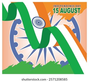 Featuring India's Independence Day symbols, including the national tricolor flag, Ashoka Chakra, and festive graphics, symbolizing patriotism, unity, and pride. Perfect for celebration and national re