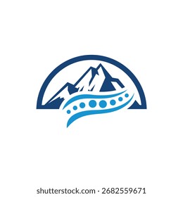 Con montañas azules en capas con un arco y una dinámica onda punteada, este logotipo representa el crecimiento, la vitalidad y la armonía. Perfecto para marcas de bienestar, naturaleza o aventura.