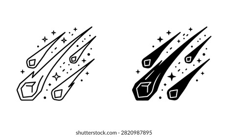 An featuring a meteor shower with multiple comets and stars, presented in both a simple line style and a solid black silhouette.