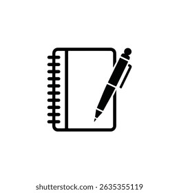 Featuring a minimal, black notebook icon paired with a pen. Isolated design for a clean and modern aesthetic on transparent background.