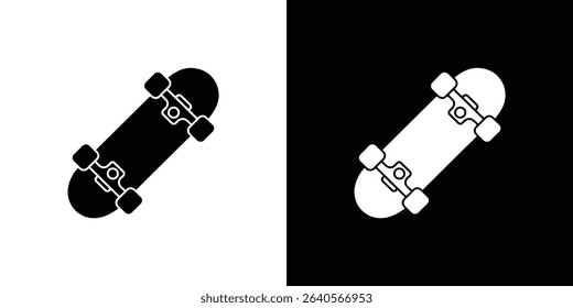 Featuring a minimal vector graphic showcasing two skateboard icons, one black on white and the other white on black, highlighting skateboard design.