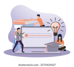 Featuring online learning with students and educational tools that promote digital education. Flat vector modern illustration 